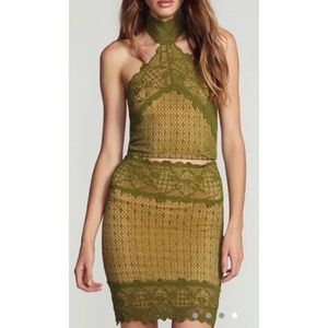 Free People Lace Mesh Button Neck Crop Halter Top And Skirt Set Green Medium